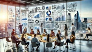 A team of marketing professionals working on a whiteboard filled with graphs and charts in a modern London office, showcasing how UK PPC ad agencies identify profitable audiences, illustrating winning PPC campaigns for UK brands.