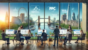 Professionals in a modern London office collaborating on PPC campaign strategies, with digital marketing elements and iconic landmarks like the London Eye and Tower Bridge visible, showcasing the expertise of top UK PPC ad agencies.
