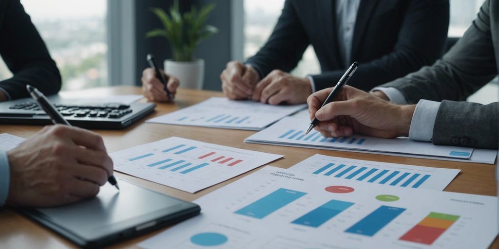 Business professionals analyzing charts and graphs on paper and digital devices, focusing on data and performance metrics in a modern office setting.