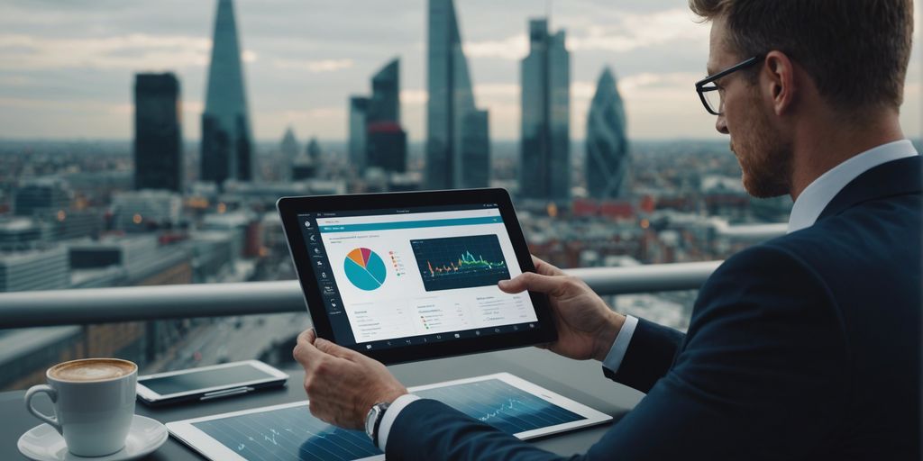 A professional reviewing advanced PPC techniques on a tablet, with a city skyline in the background, emphasizing data analytics.