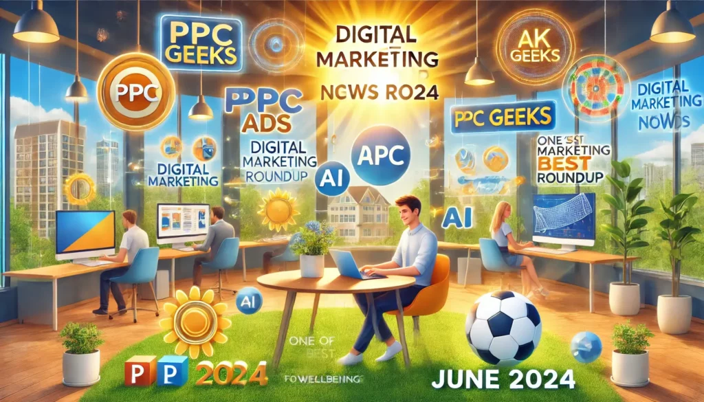 PPC News June 2024 roundup featuring a vibrant summer-themed digital marketing scene with bright sunshine, happy employees in a modern office, PPC ads, AI tools, and subtle soccer imagery. PPC Geeks is highlighted as one of UK's Best Workplaces for Wellbeing 2024.