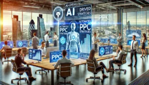 A futuristic office where marketing professionals use AI-driven tools and holographic displays to manage PPC campaigns, highlighting emerging trends in winning PPC campaigns for UK brands.