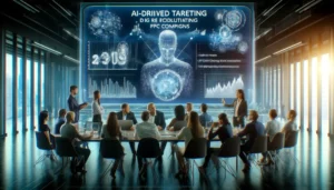 A diverse group of professionals discussing advanced PPC techniques in a futuristic office, with a digital screen showing AI-driven ad targeting in 2024.