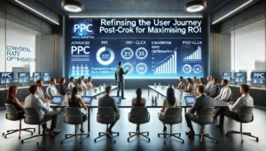 A digital marketing expert presenting expert PPC tips on advanced PPC techniques focused on conversion rate optimisation (CRO) in a modern conference room. The screen displays charts, graphs, and key points about refining the user journey post-click for maximising ROI.