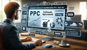 An image illustrating advanced strategies for maximising PPC ROI through keyword optimisation with a digital marketing professional analysing PPC campaign data on a computer screen.