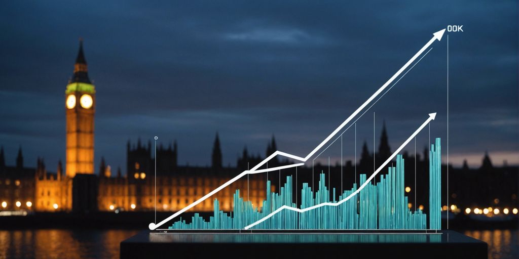 A graph showing increasing growth and statistics is superimposed on an image of the Houses of Parliament in London at night.