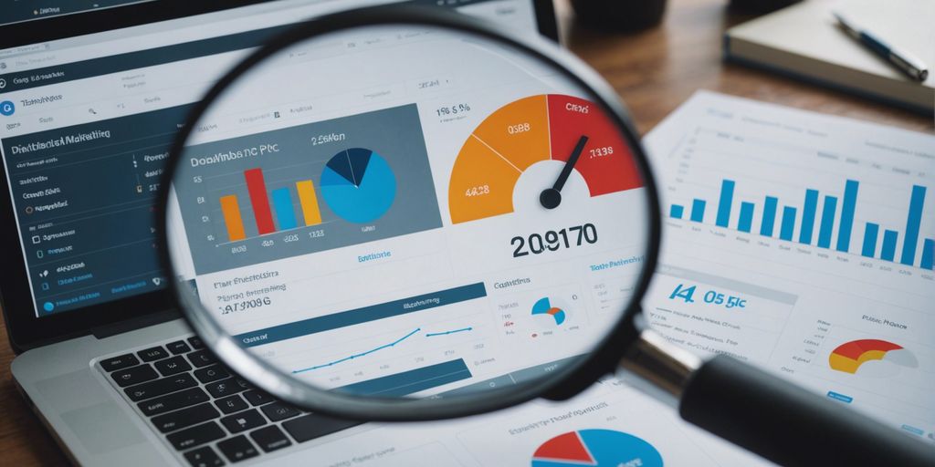 A close-up image showing a magnifying glass focusing on a digital marketing dashboard displayed on a laptop screen. The dashboard includes various graphs and charts, such as bar graphs, pie charts, and line graphs, representing PPC campaign performance metrics. Additional papers with charts are visible on the desk.