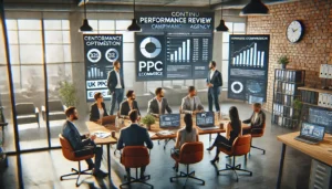 An office environment with a team of professionals conducting a performance review meeting at a UK PPC ecommerce agency, with screens showing PPC campaign metrics and analytics.