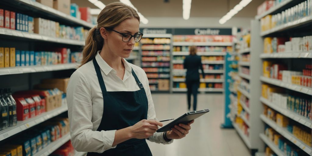 A retail store employee in an apron and glasses, using a tablet to check inventory, with shelves of products in the background.