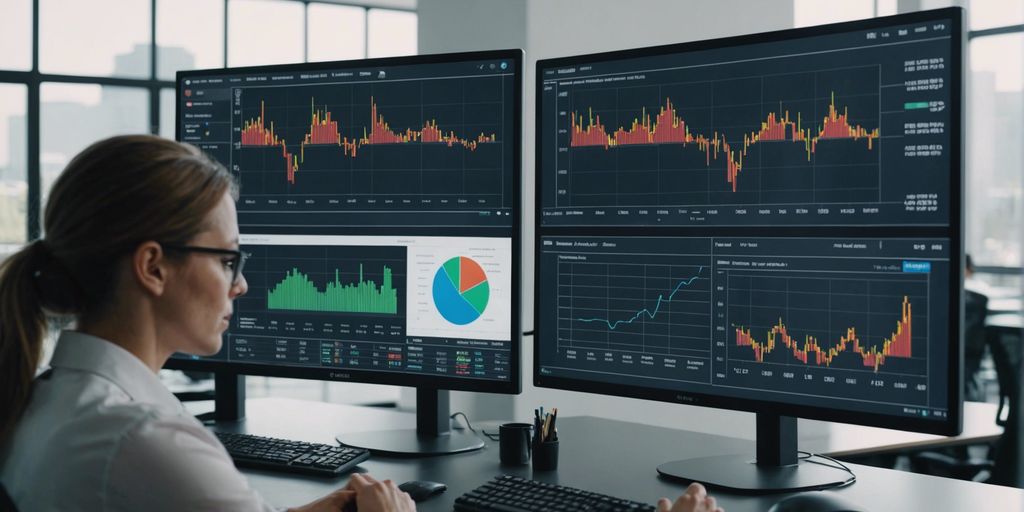 A professional at a PPC ad agency in London analysing market data on multiple large monitors displaying graphs and charts.