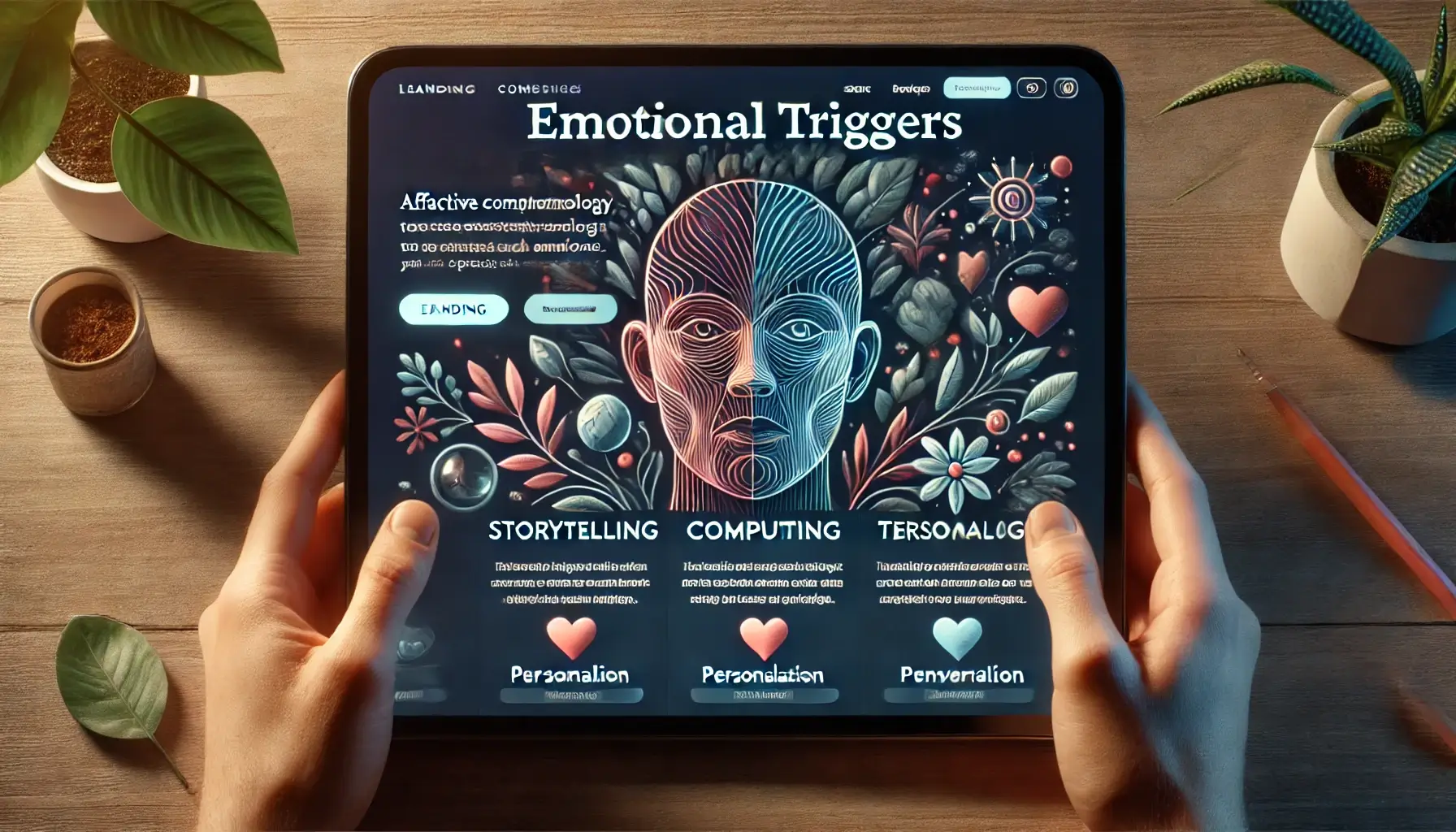The Secret Behind High Conversion Websites involves using emotional triggers to create a deep connection with the audience. A website landing page features storytelling elements, affective computing technology, and a carefully chosen color scheme to evoke specific emotions.