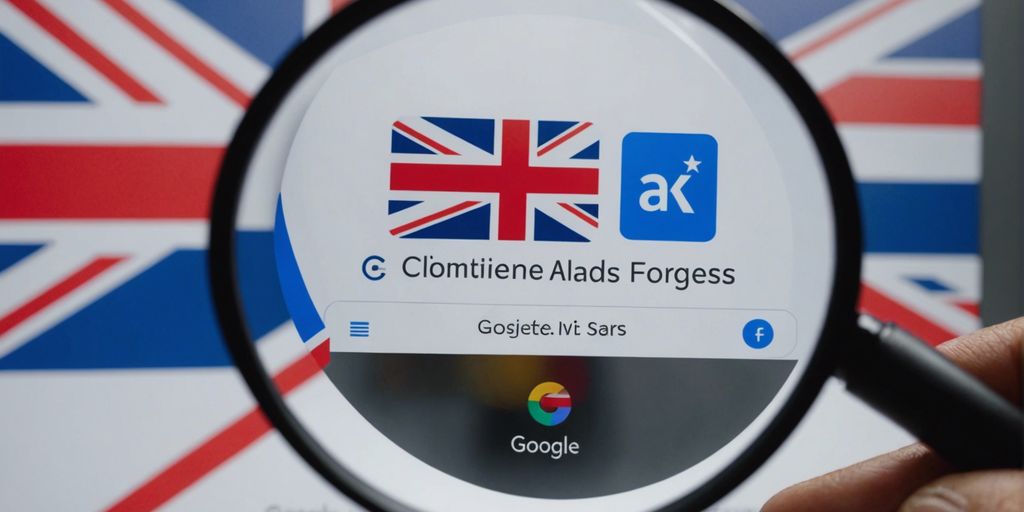 Magnifying glass focusing on a screen with the UK flag and a Google search bar, illustrating the concept of a Google Ads Audit Guide for UK businesses.