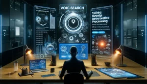 What Is The Future of PPC? A futuristic digital marketing workspace focusing on voice search optimization.