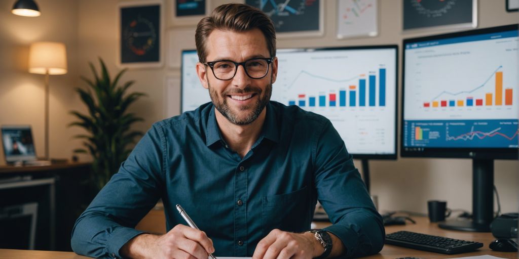 A smiling professional sits at a desk in a modern office, analyzing data on multiple screens behind him, providing peace of mind through clear and effective data-driven decision making.