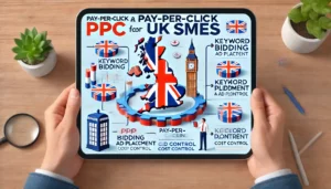 Effective PPC Management Strategies illustration showing the basics of PPC for UK SMEs, including keyword bidding, ad placement, and cost control, with UK-specific elements like the British flag and landmarks.