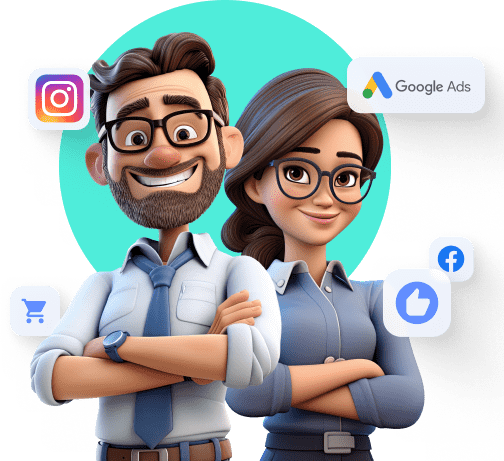 Two cartoon-style business professionals, a man and a woman, stand confidently with arms crossed, representing digital marketing expertise. They are surrounded by icons of popular platforms like Instagram, Google Ads, and Facebook, indicating their focus on PPC, SEO, and social media marketing.