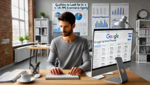 A marketing professional works on a computer with Google Keyword Planner open, displaying a list of keywords and metrics. This image highlights the Qualities to Look for in a UK PPC Ecommerce Agency focused on effective keyword research and selection for successful PPC campaigns.