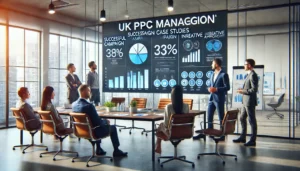 A business meeting in a modern London office where PPC managers present successful campaign case studies to a client, demonstrating the innovation and success of UK PPC Management Agencies.