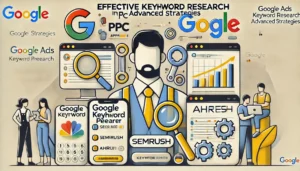 Graphic illustrating Google Ads PPC Advanced Strategies for keyword research techniques, featuring tools like Google Keyword Planner, SEMrush, and Ahrefs with brief descriptions.