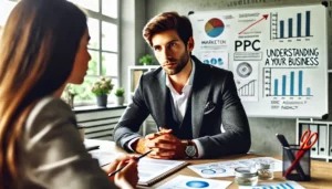 A business professional discussing the onboarding process with a colleague in a modern office, highlighting questions to ask before hiring a UK PPC agency.