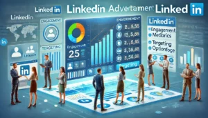 A professional LinkedIn advertisement dashboard with charts and graphs, showing engagement metrics and targeting options. This vibrant, clean user interface illustrates the power of LinkedIn for B2B marketing. LinkedIn Ads Guide highlights the essential elements for effective B2B strategies.