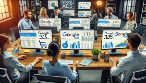 A team of digital marketing experts working in a modern office, focused on multiple computer screens displaying Google Ads dashboards, graphs, and analytics. This image represents expert Google Ads management in action.