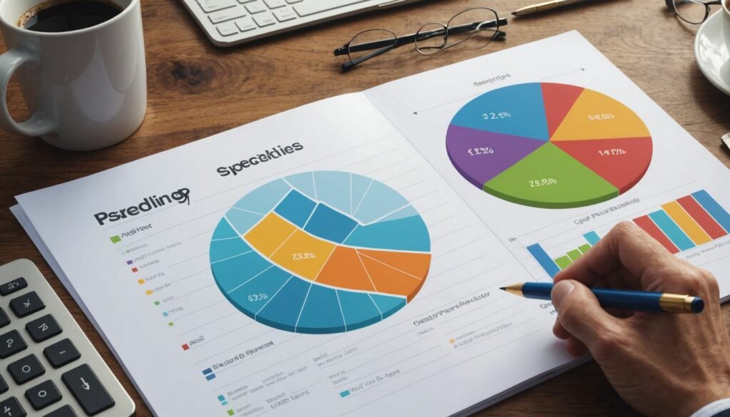 Graph depicting new PPC spending strategies for businesses. Person analysing charts and graphs on paper with a pen, a coffee cup, and a calculator on a wooden desk