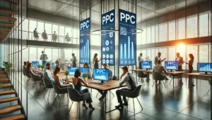 Top PPC Agencies: A modern, sleek office setting with people collaborating on a PPC campaign, representing one of the top PPC agencies at work.