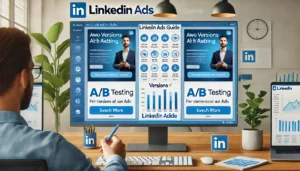 A LinkedIn ad campaign dashboard displaying two versions of an ad for A/B testing, highlighting the LinkedIn Ads Guide for advanced ad techniques.