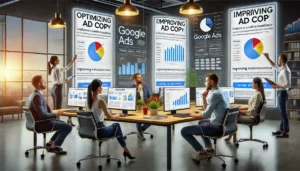 A business team in a modern office conducting a detailed Google Ads audit, with charts, graphs, and data analysis tools displayed on large screens, illustrating the benefits of a Google Ads audit.