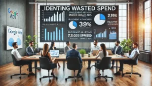 A business team in a modern office identifying wasted spend in a Google Ads campaign, with charts and data highlighting inefficiencies displayed on large screens, illustrating the benefits of a Google Ads audit.