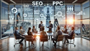 Case studies from leading PPC agencies in London demonstrate the strategic advantage of combining SEO and PPC, as shown by a team of marketing professionals discussing strategies in a modern office with a London cityscape in the background.