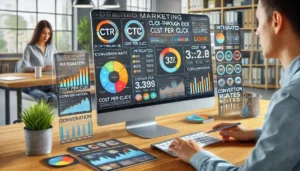 Mastering Key Metrics: A digital marketing dashboard showing integrated metrics including CTR, CPC, and Conversion Rates.