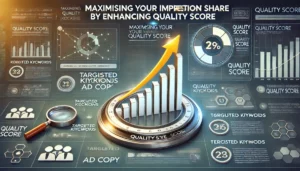 A detailed illustration showing the concept of Maximising Your Impression Share by Enhancing Quality Score, featuring a graph with a rising Quality Score indicator and examples of ad copy emphasizing keyword relevance and search intent.