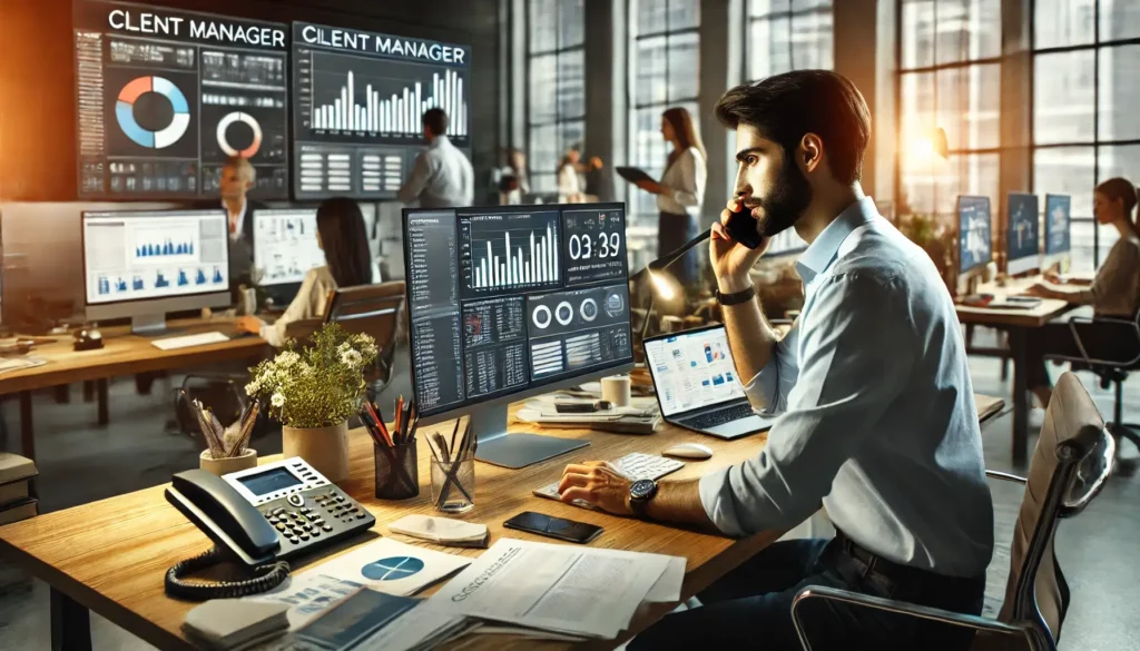 A client manager at a desk with multiple computer screens, juggling tasks such as talking on the phone, typing an email, and checking project timelines.