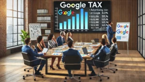 A group of businesspeople discussing the financial implications of the Google Tax, with a large screen showing a bar graph of increasing costs in a modern office setting.