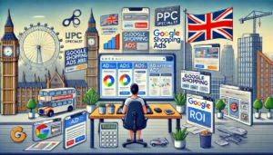 Essential Qualities to Look for in a UK PPC Ecommerce Agency: A UK-based PPC specialist creating and optimizing ad campaigns on a computer, surrounded by ad banners and Google Shopping ads, with London landmarks in the background.