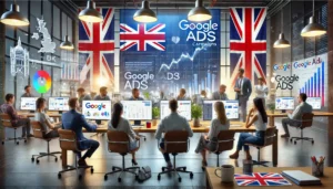 How UK Agencies Simplify Digital Marketing for busy professionals in a modern UK office. The image shows a team working on Google Ads campaigns, with screens displaying analytics, charts, and graphs, highlighting the expertise and experience of UK agencies.