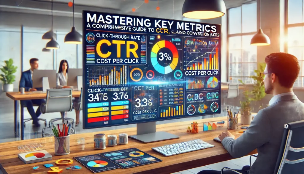 Mastering Key Metrics: A digital marketing dashboard showing integrated metrics including CTR, CPC, and Conversion Rates prominently.