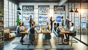 A modern office environment with a team of digital marketing professionals working together, discussing strategies with Google Ads and Bing Ads certifications displayed on the wall, showcasing what to expect from a top PPC agency in the UK.