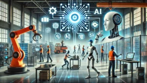 A futuristic scene depicting the potential risks of AI, with robots and AI systems performing tasks in an industrial setting, highlighting both efficiency and job displacement.