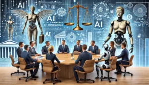 A scene illustrating the risks of AI, showing government officials, legal experts, and tech professionals discussing AI regulations at a conference table with documents and charts.