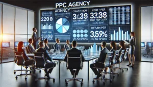 Professionals in a modern conference room reviewing PPC agency ratings, with large screens displaying key metrics like conversion rate, cost per click, and return on ad spend, emphasizing a data-driven approach.