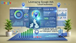 A professional dashboard showcasing essential Google Ads reporting metrics with graphs and charts focusing on leveraging Google Local Ads for UK businesses and 'Local Pack' visibility.