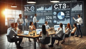 A team of PPC experts in a modern office environment, analysing data and discussing strategies to optimise PPC conversion rates. The image shows how UK PPC Management Agencies use their expertise and creativity to achieve better campaign outcomes.