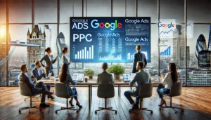 Case studies from leading PPC agencies in London illustrate leveraging London’s digital landscape for PPC excellence, as shown by a team of marketing professionals discussing PPC strategies in a modern office with a London cityscape in the background.