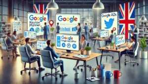 How UK Agencies Simplify Digital Marketing for busy professionals in a modern UK office. The image depicts professionals using Google Keyword Planner, Google Analytics, and Google Ads Editor, highlighting the essential tools for mastering Google Ads campaigns.