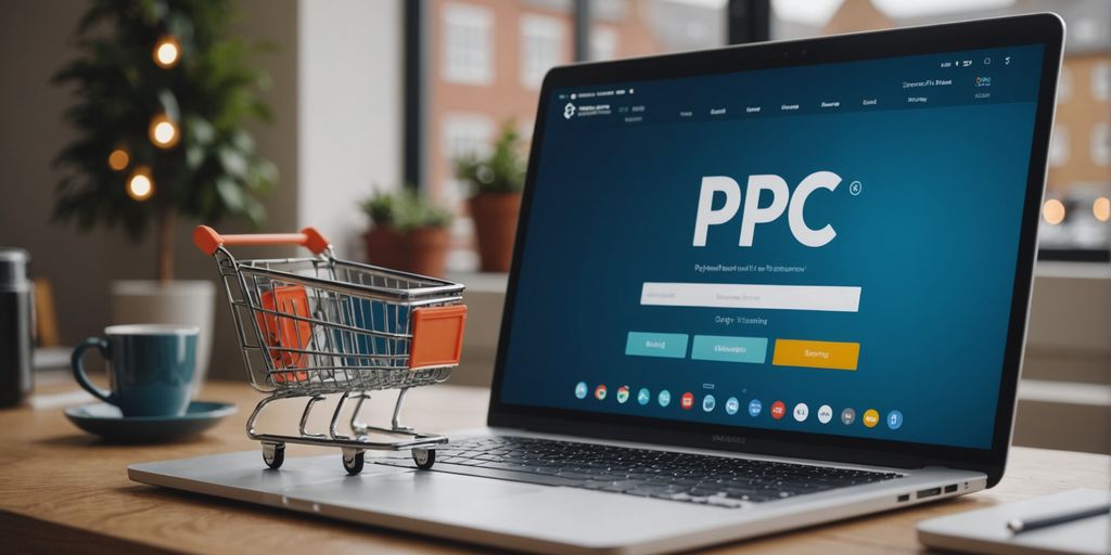 Laptop displaying a PPC dashboard with a small shopping cart on the keyboard, symbolising ecommerce and PPC advertising, with a coffee cup and plants in the background.