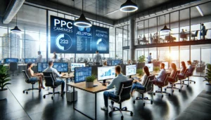 Top PPC Agencies: A high-tech office environment with a team of digital marketing experts working on PPC campaigns, representing Jellyfish.