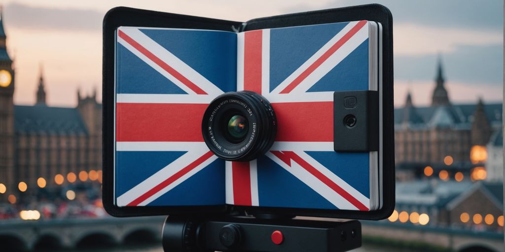 Camera with a Union Jack flag cover set up in front of the Houses of Parliament in London.